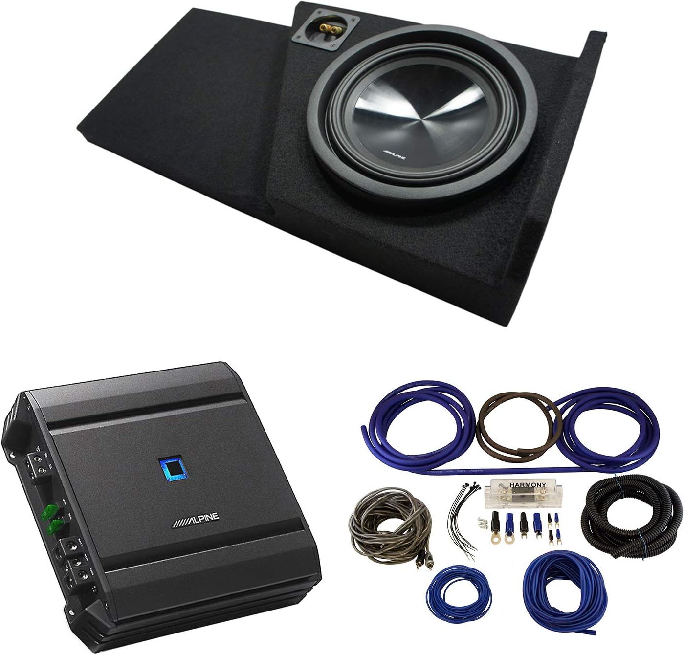 American Sound Connection Compatible with 2014-2018 Chevy Silverado Double Cab Alpine SWT-10S2 Single 10 Sub Box with S-A60M Amplifier & 4GA Amp Kit