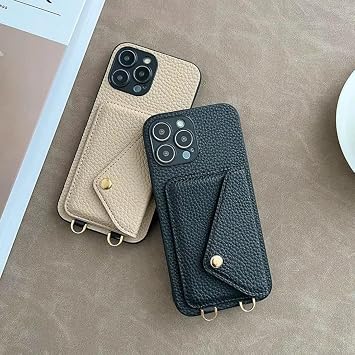 iPhone 14 Pro用 ランヤード付きクロスボディストラップ レザー製スマホケース ウォレット カードホルダー付きカバー(iPhone 14 Pro用/カーキ)
