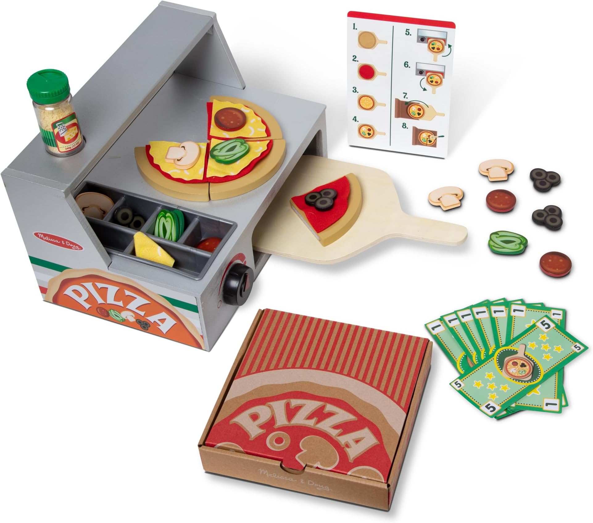 Top & Bake Pizza Counter – 34-Piece Wooden Pretend Play Food Set with Toppings, Utensils and Delivery Box – Interactive Pizza Making and Serving Toy for Kids – Ages 3 and Up | MD9465