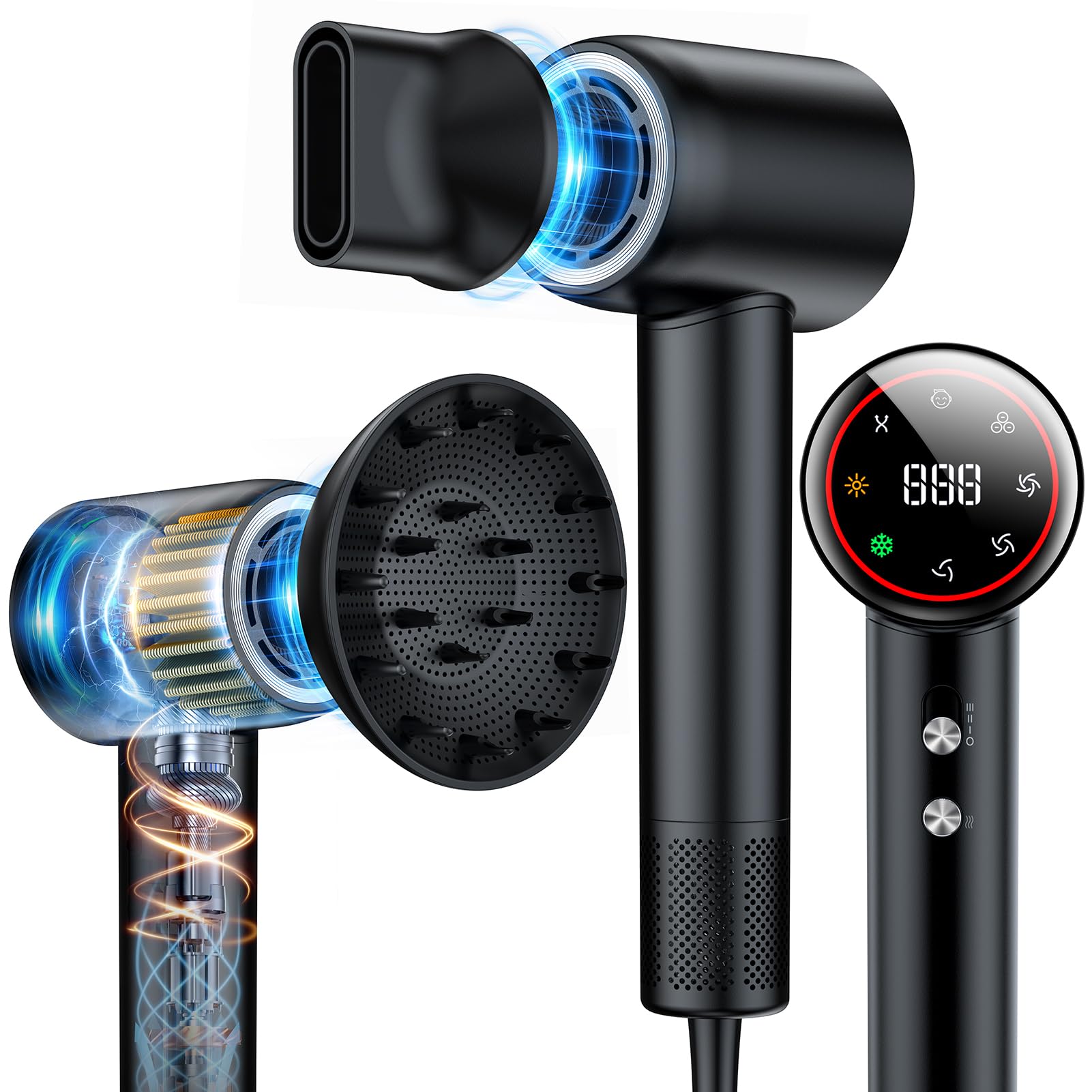 Hair Dryer, 160000 RPM High Speed 200 Million Ionic Blow Dryer, Professional Hair Blow Dryer with Diffuser and Nozzle for Home, Travel & Salon Use, 120V