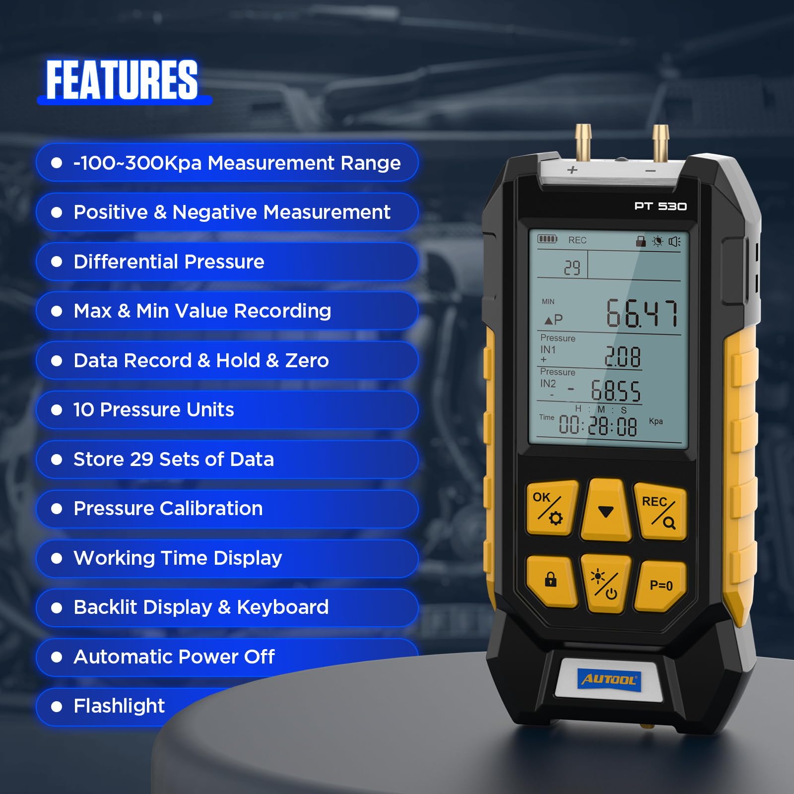 Manometro Digitale, PT530 Tester di Pressione del Gas a Doppia Porta, Manometro a Gas pressure Tester Differenziale HVAC/R Air Pressure Meter con Torcia Elettrica, -100~300Kpa, Data Record, Toolbox