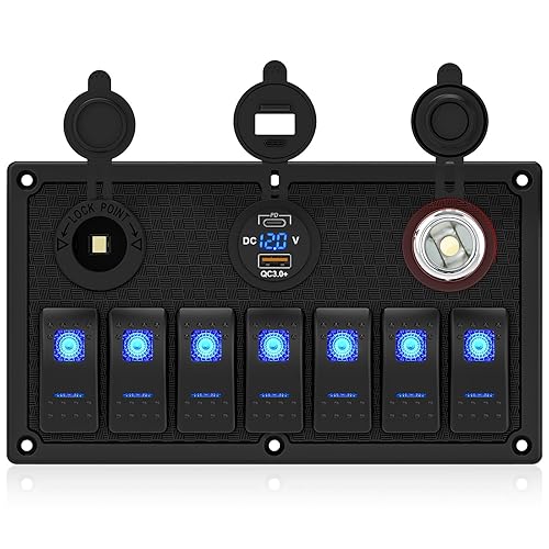 Vista 75 de Panel de interruptor de palanca impermeable de 6 cuadrillas 12V/24V Panel de interruptor basculante de aluminio con cargador USB doble, voltímetro