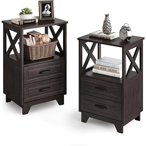 Nightstand with 2 Storage Drawers Set of 2, Tall End Table with Wooden X-Design for Bedroom,Living Room Brown