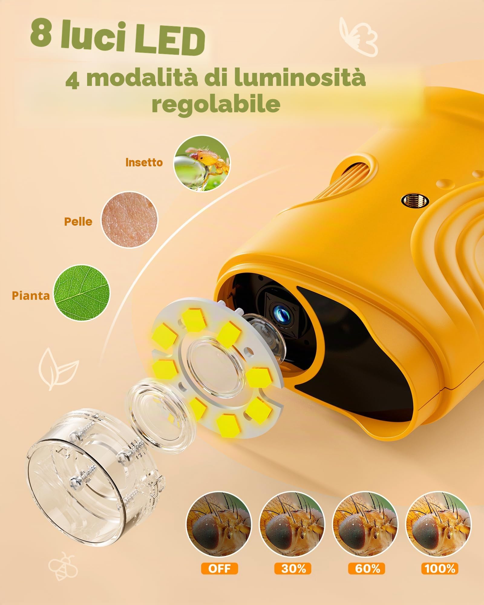 1000X Digitale Microscopio Bambini Portatile: Lente Ingrandimento Tascabile con 2.0" IPS Pollici ＆ 8 LED Luce - Natale Regalo Bambina 3-8 8-12 Anni Maschio - Idee Giochi Kids