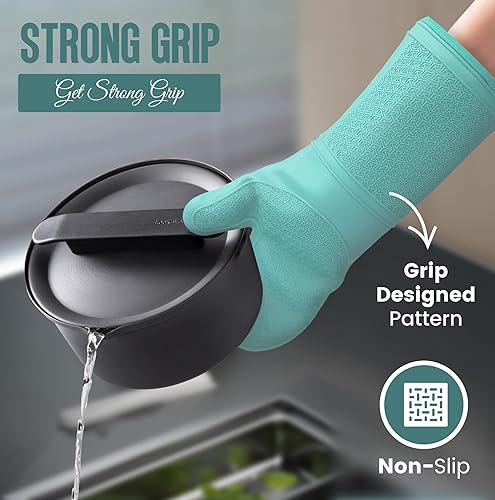 Miniatura 6 de Guantes de horno de silicona resistentes al calor, 500F - 14.5 pulgadas, extra largos, diseño de agarre, guantes de horno de silicona con forro