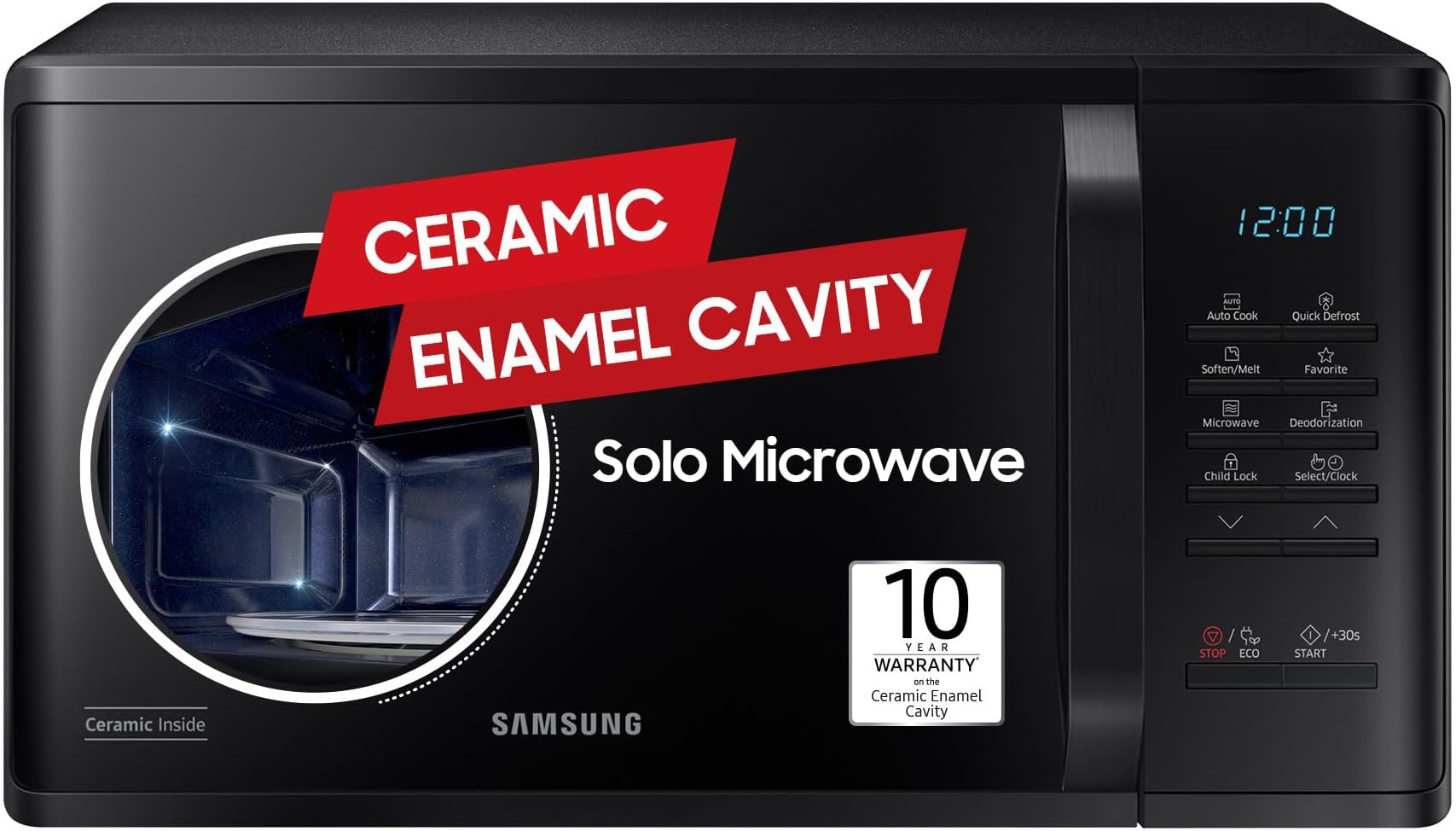 23 L Solo Microwave Oven (MS23A3513AK/TL, Black, Auto Cook Programs, Child Safety Lock, Memory Feature, Deodorization, Ceramic Enamel Cavity with 10 year warranty)
