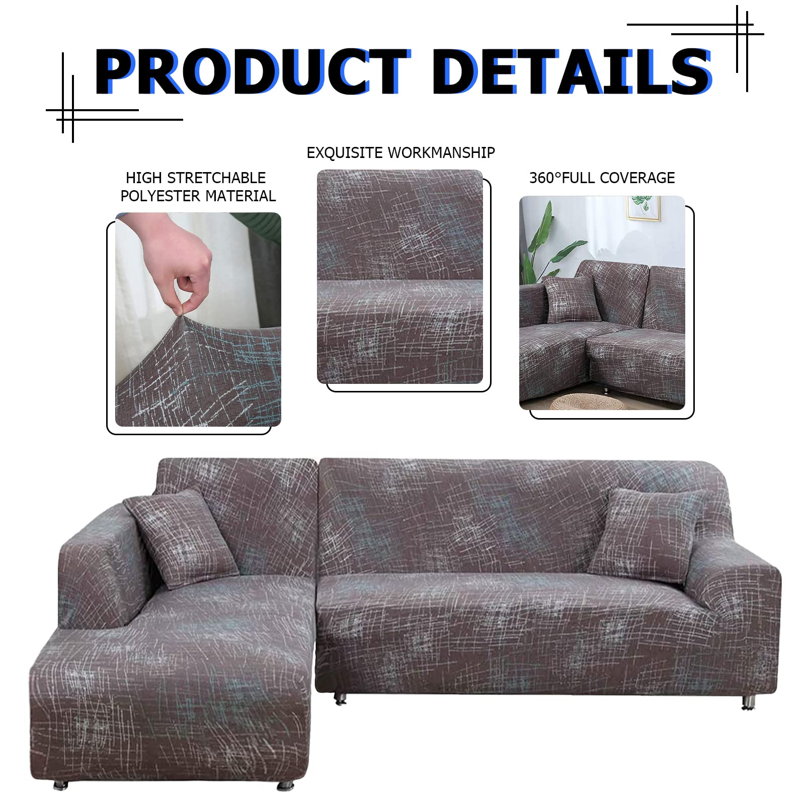 Lydevo Copridivano con Penisola Elasticizzato,Copridivano Angolare a Sinistra/Destra Universale con 2 Federi,Fodere Divano Penisola Forma di L,Chaise Longue Sofa Cover(3+3,Struttura Grigia)