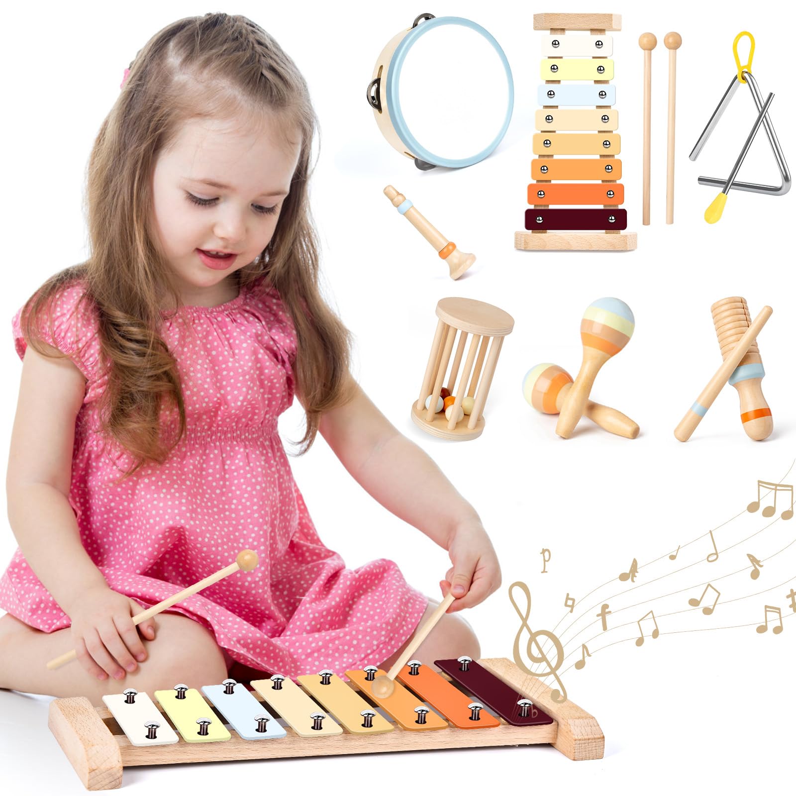 Joellfuner Instrumentos Musicales Infantiles, Set Juguetes Musicales Madera, Juguetes Musicales Montessori para Bebe 3+ Años, Regalos para Niños de Navidad y Cumpleaños