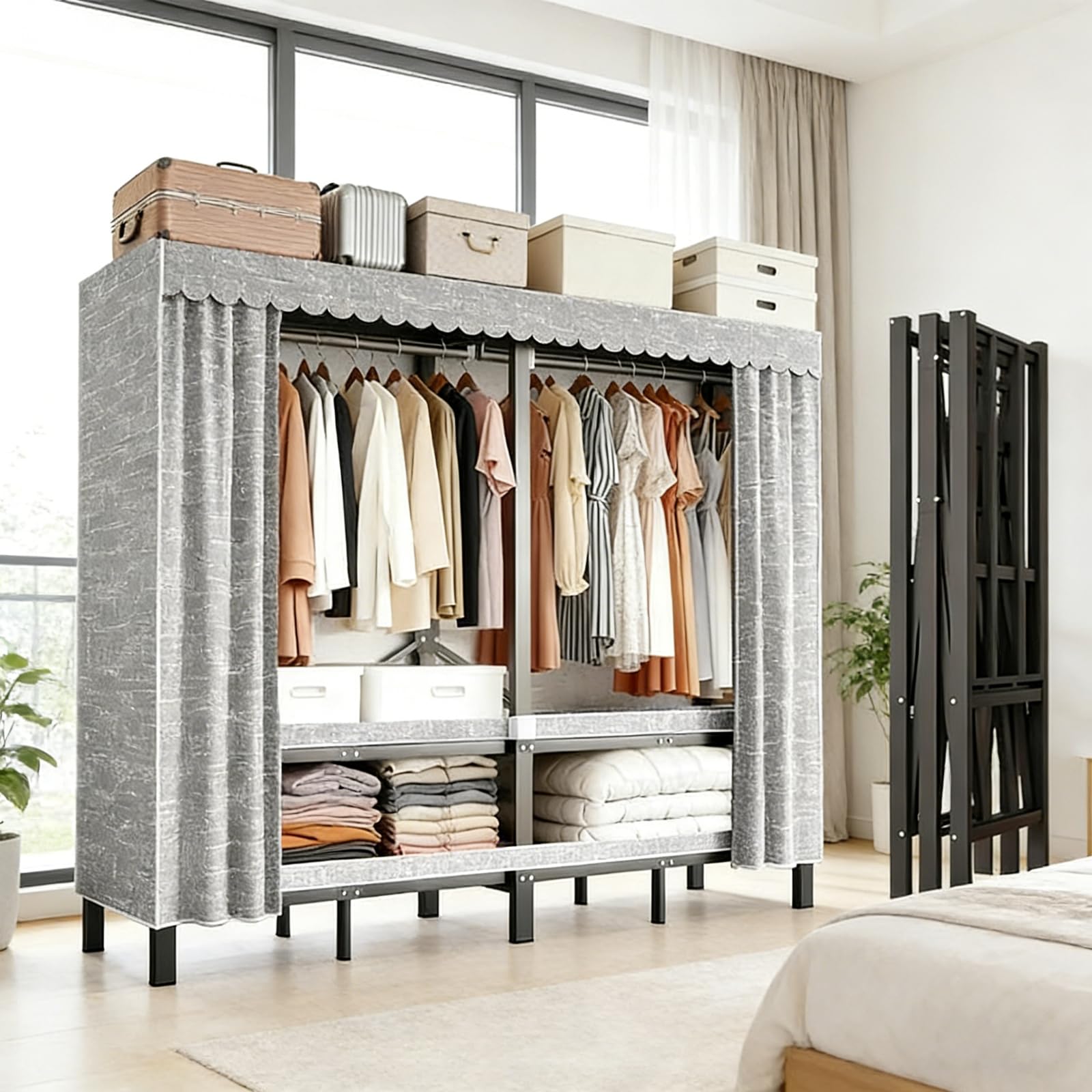 59 1in Heavy Duty Portable Closet Foldable Wardrobe Closet with Cover Metal Clothing Shelves for Clothes Organizers and