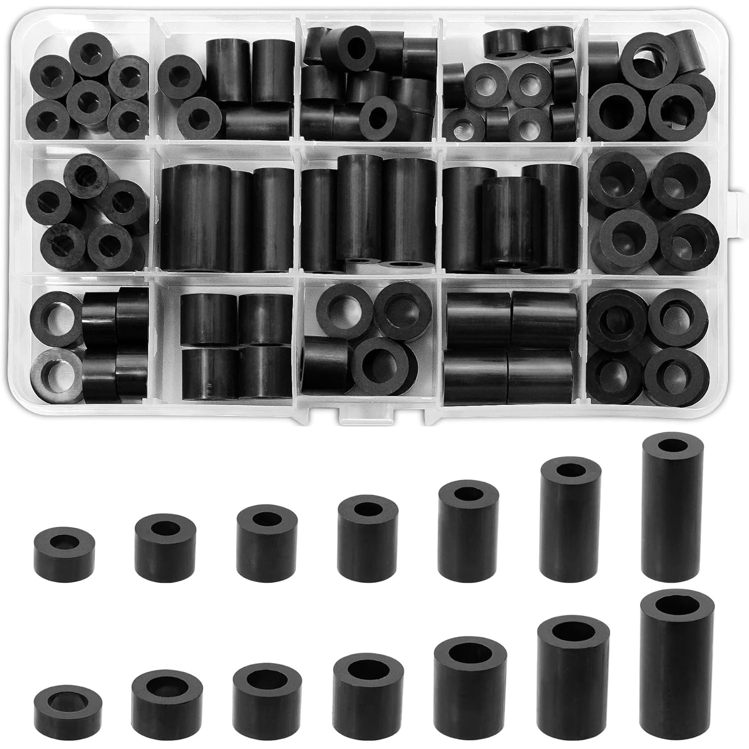 Pack of 90 ABS Spacers, Plastic, Round, Black, Spacer Sleeves M6 M8, Nylon Spacer Wall & Screws, Non-Threaded Column Spacers