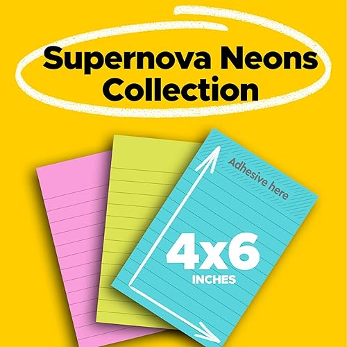 Miniatura 2 de Post-it Notas rayadas súper adhesivas, 4 x 6 pulgadas, multicolor, 3 blocs por paquete (45 hojasbloc, 135 hojas en total), notas adhesivas de neón