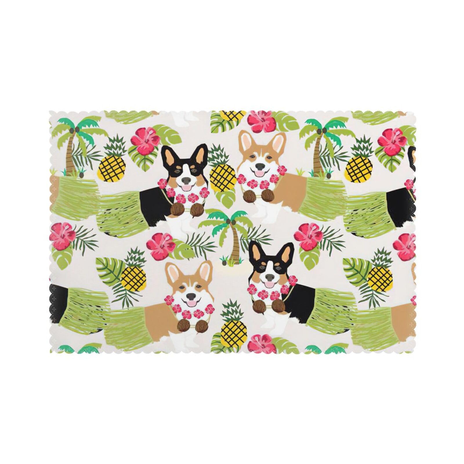 Corgi Hawaiian Tropical Summer Pineapple Print Placemats for Dining Table Set of 6 12x18 Inch Table Mats for Party Kitchen Dining.