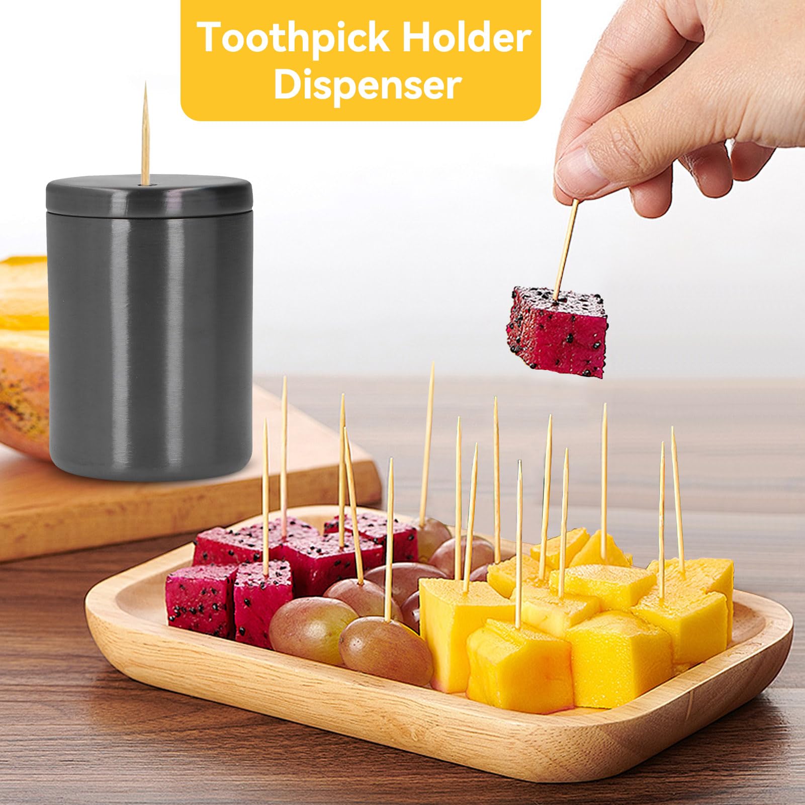 Toothpick Dispenser, Stainless Steel Toothpick Holder Thickening Tooth Picks Case Storage Box Organizer for Families Houses(Black)