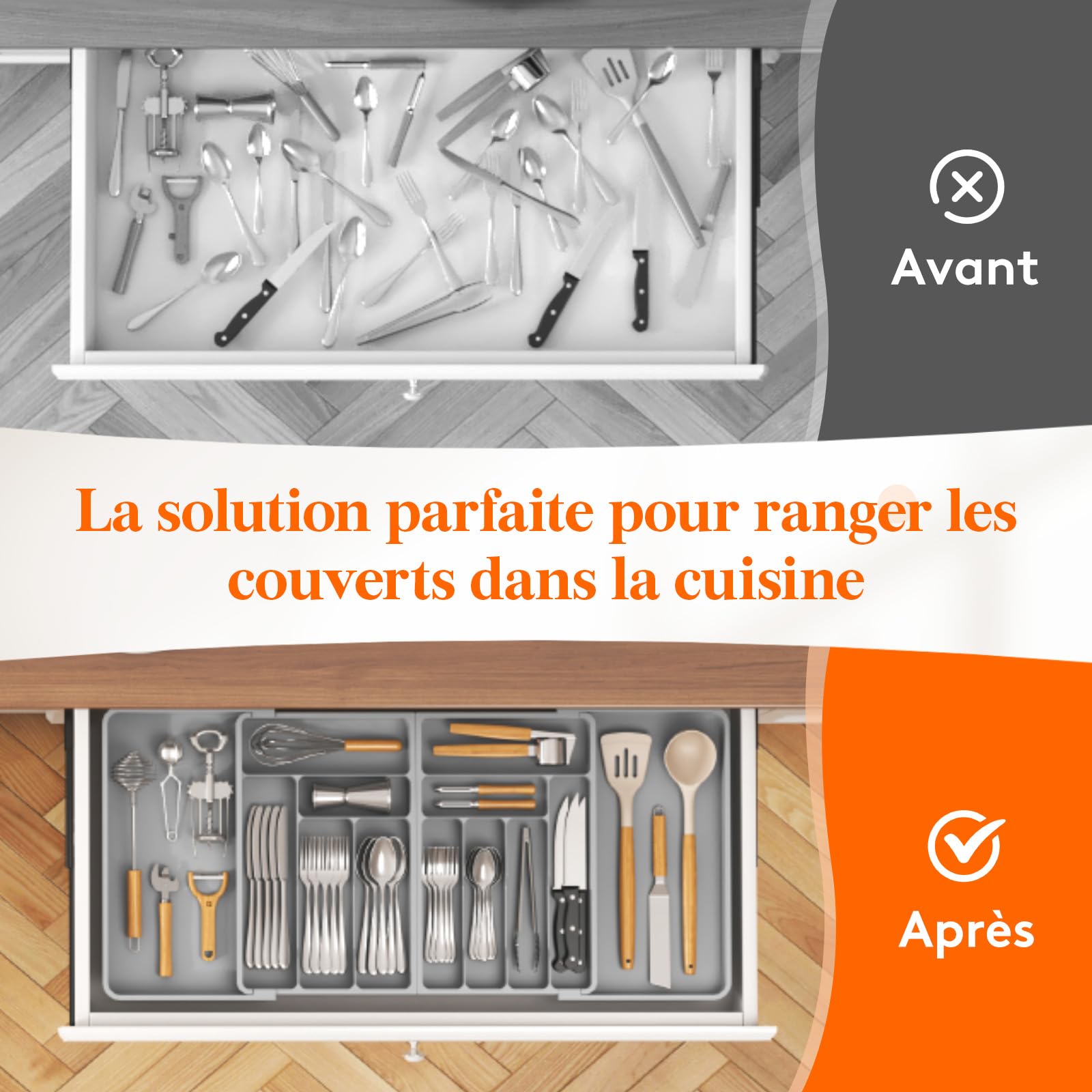 Lifewit Grand Range Couverts, Rangement Couvert Tiroir Cuisine, Extensible de 54.1 jusqu'à 91,4 cm de Large, Organisateur en Plastique pour Couverts, Cuillères, Fourchettes, Couteaux, Gris