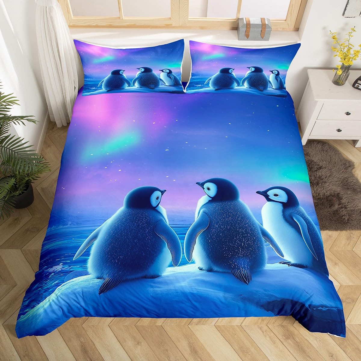 Penguin Duvet Cover Super King Aurora Starry Sky Bedding Set for Kids Boys Girls Teens,Snow Field Mountain Comforter Cover Wild Animals Birds Bed Set