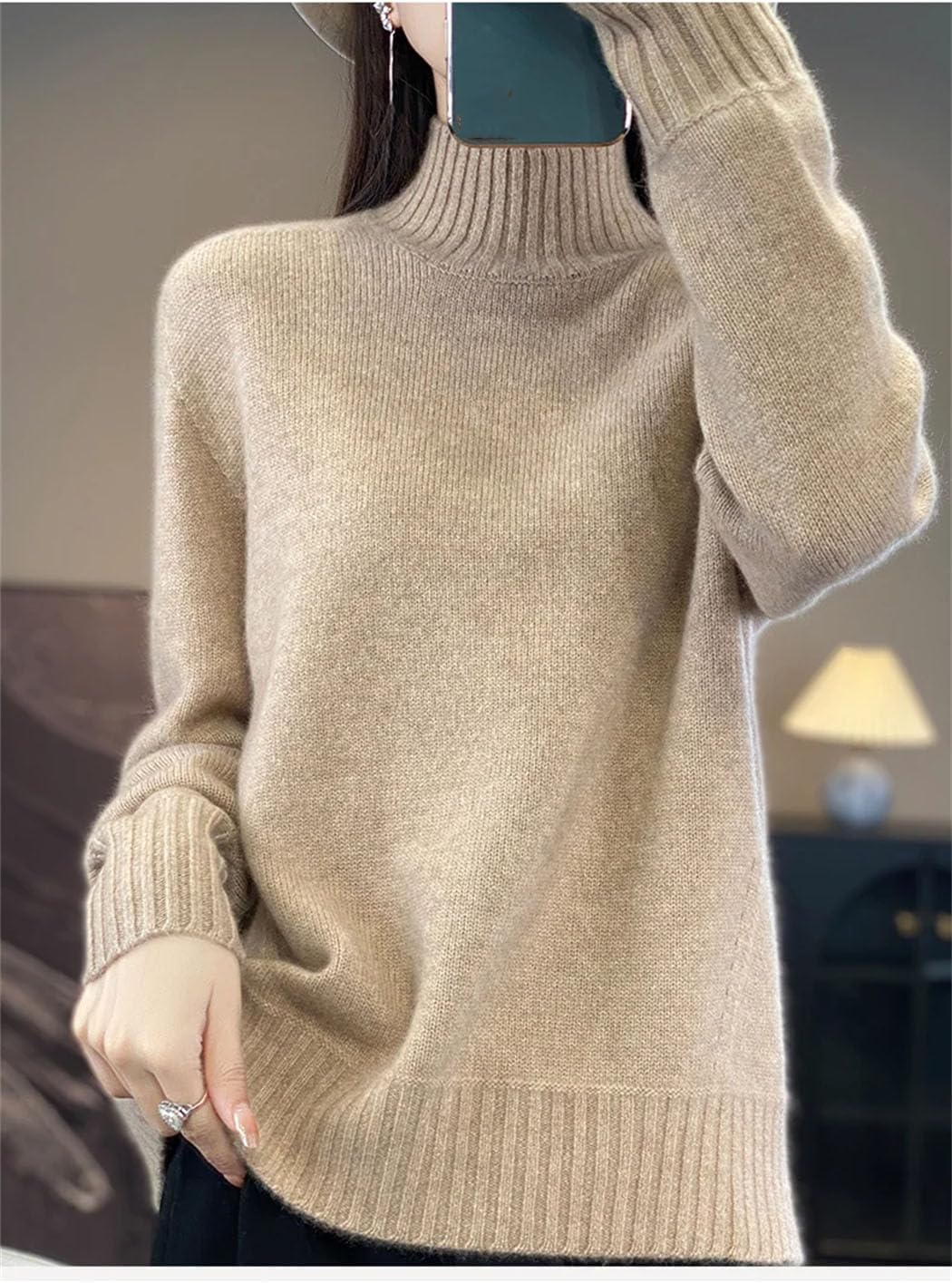 Women's Turtleneck Knit Sweater Long Sleeve Solid Color Loose Pullover Jumper Winter Elegent Thermal Sweatshirt