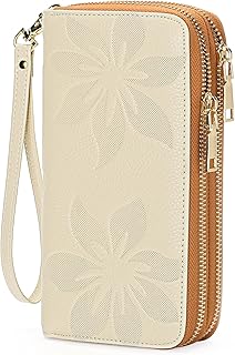 Women's Wallet Large Capacity Double Zip Ladies Card Phone Holder RFID Blocking Wristlet Leather