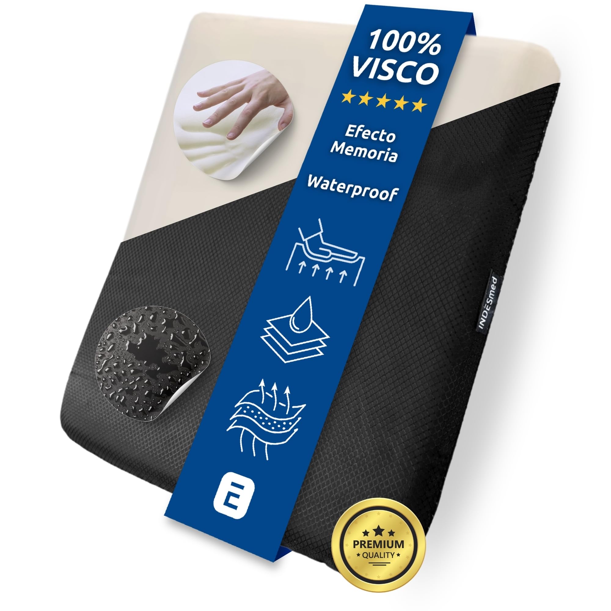 INDESMED Cojín Antiescaras Espuma Viscoelástica Alta Densidad, 100% Impermeable, Antideslizante y Ergonómico para Silla de Ruedas, Oficina |Cojín postural-Funda Lavable|Fabricado en España-40x40x4cm