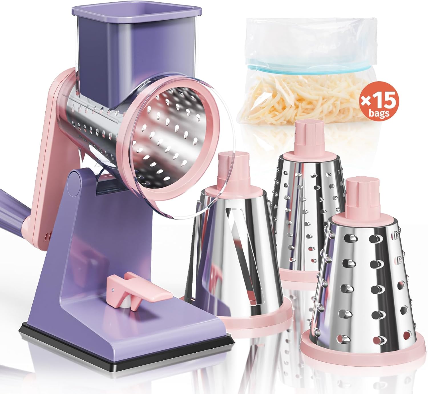 Upgraded Rotary Cheese Grater with 3 Interchangeable Stainless Steel Drums, One-Press Powerful Suction Manual Vegetable Shredder&Slicer for Kitchen, 15pcs Storage Bags Included, Pinkish Purple