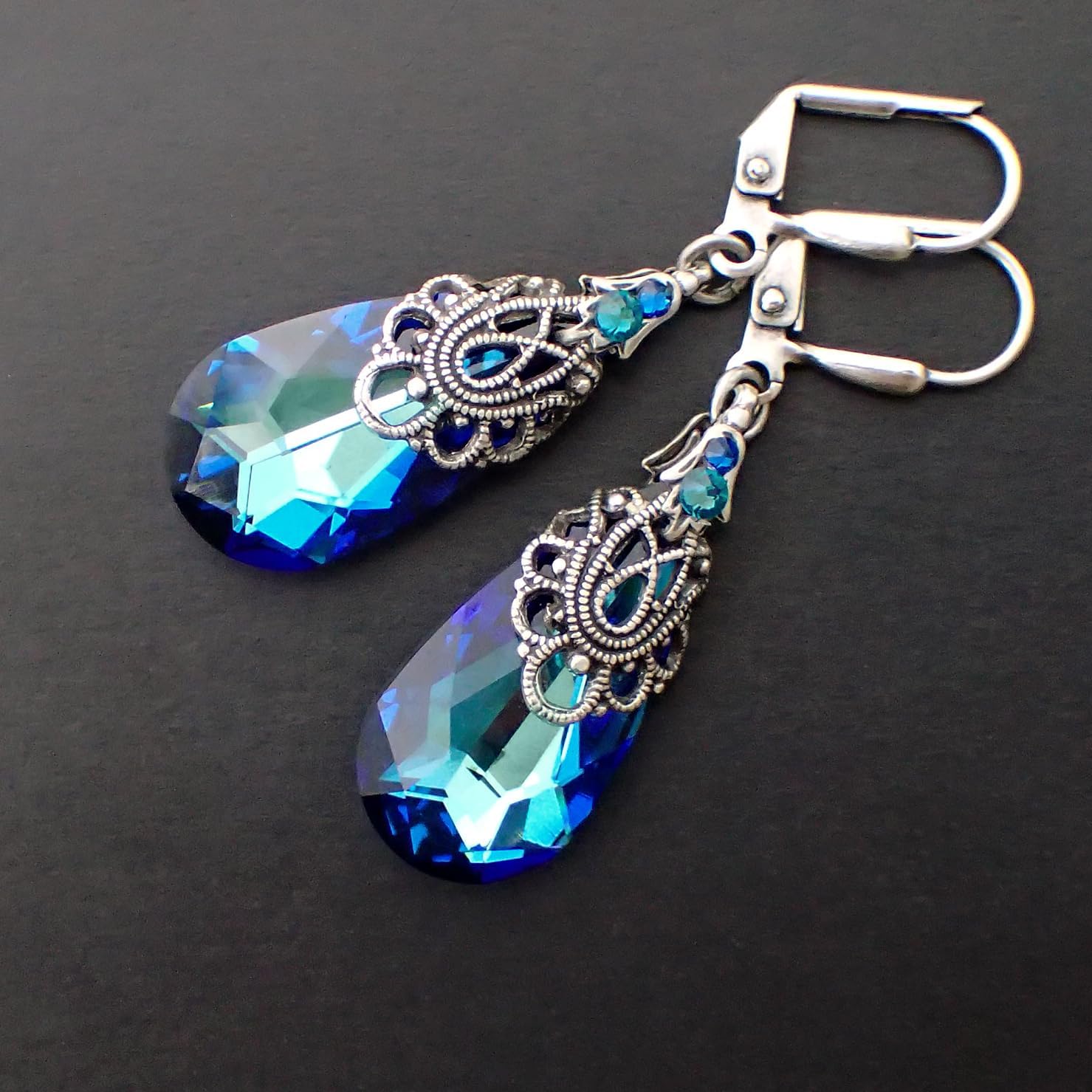 Blue Antique Style Earrings with Bermuda Blue Crystals and Antique Silver-Plated Filigree