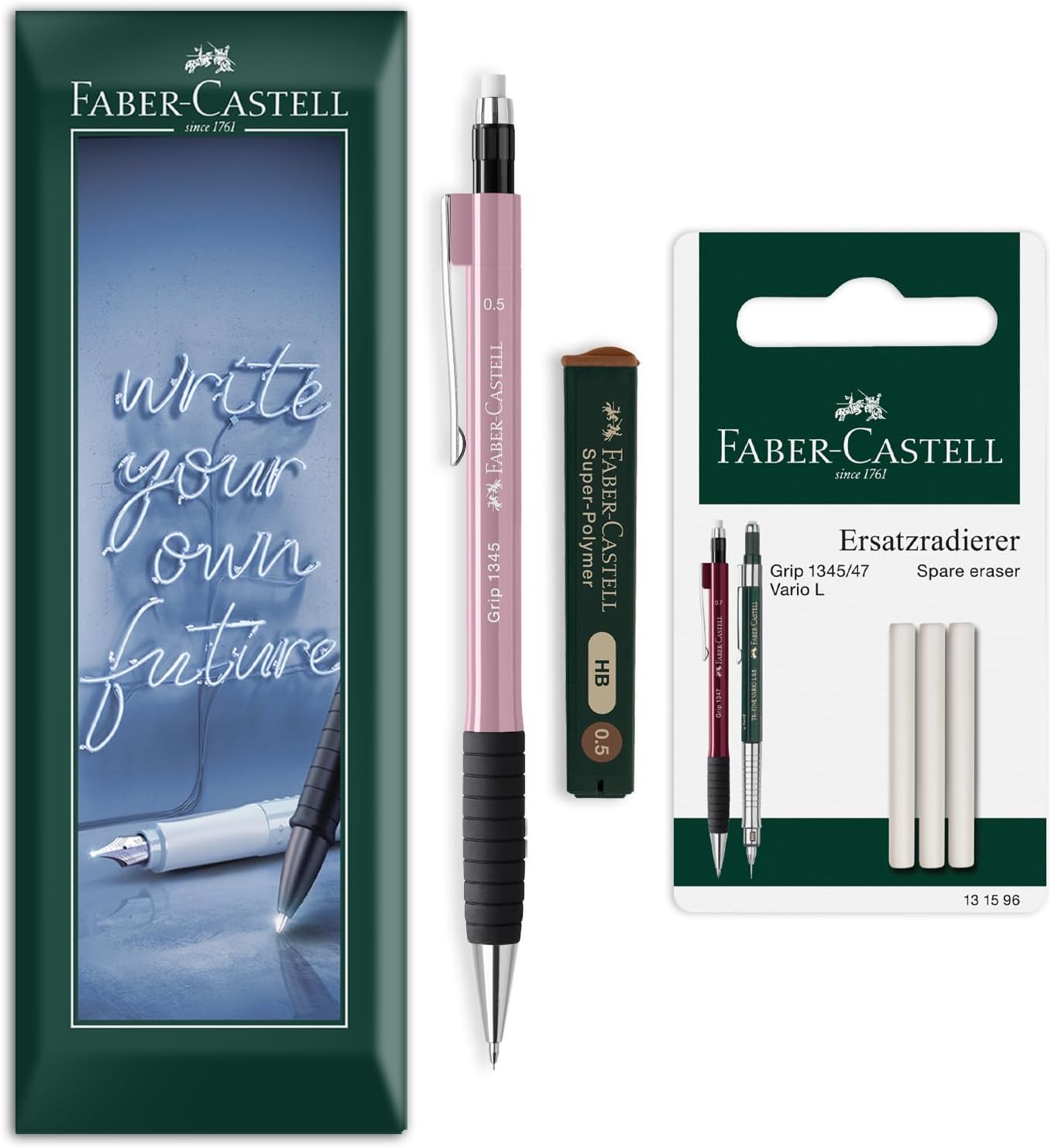 Faber-Castell Grip 1345 Mechanical Pencil Set | 0.5mm HB Propelling Pencil with Polymer Leads & Spare Eraser Refills for Writing, Sketching, Technical Drawing & Office Use (Rose Shadows)