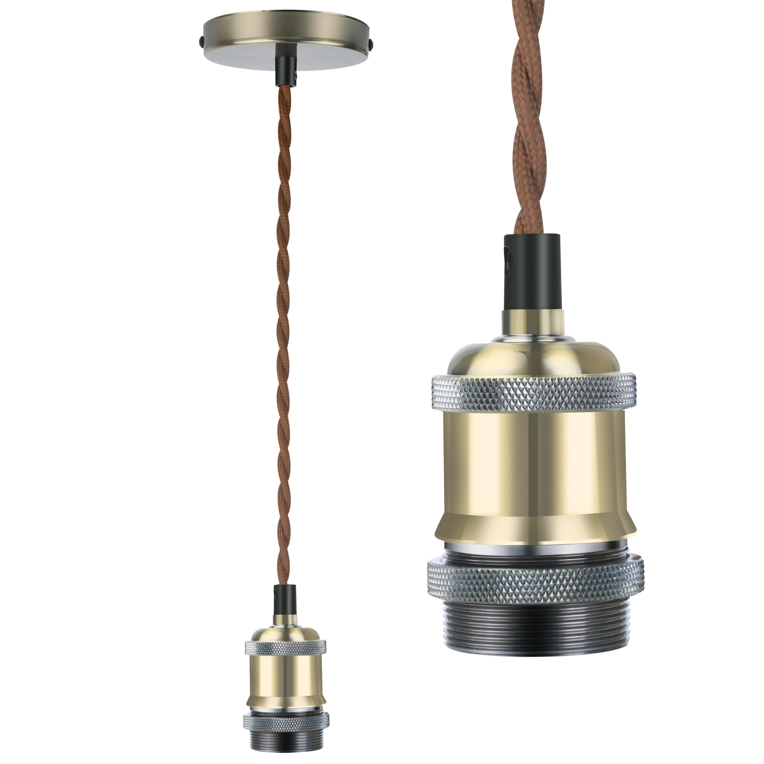 Licperron Vintage Pendant Light Fitting Kit, Brown Twisted Braided Flex Ceiling Lamp, E27 Light Fitting Kit - Antique Brass. 1pack