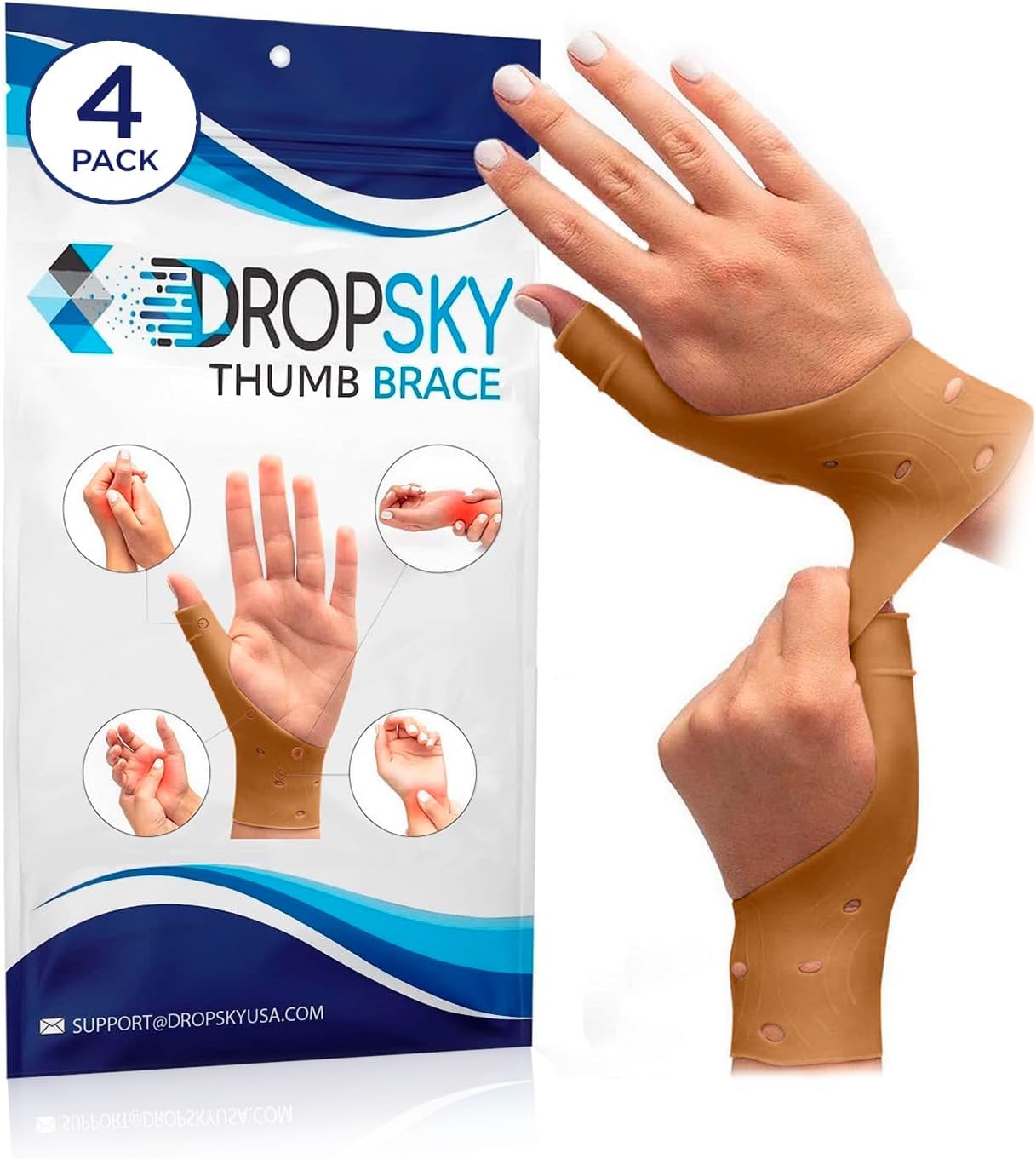 Thumb Brace 4 Pack – Waterproof Thumb Splint with Gel Pad for Carpal Tunnel, Arthritis & Trigger Finger Relief – Adjustable Compression Wrist Stabilizer for Left & Right Hand - Nude