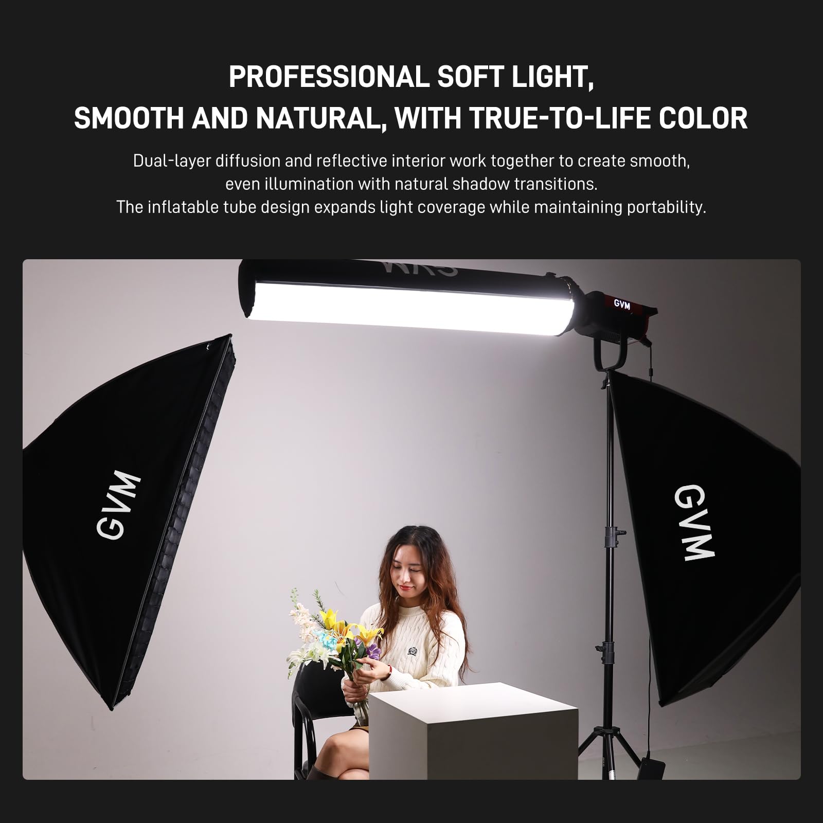 GVM 43 Zoll Aufblasbare Softbox, Faltbare Air Tube Softbox mit Luftpumpe, Kompatibilität für GVM SD300C/500B/650B und andere Bowens-Halterungslicht, Air Softbox für Studio-Porträts, Videoaufnahme