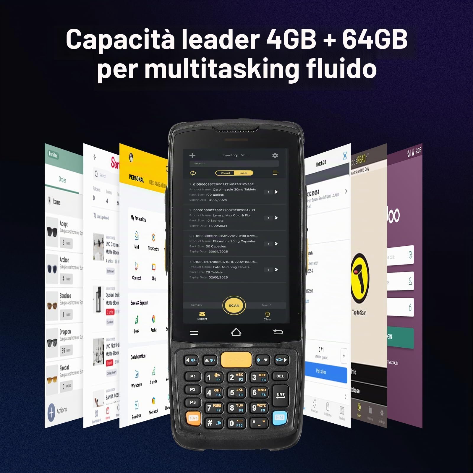 MUNBYN 2026 Scanner di Codici a Barre Android 14, PDA Portatile 4GB+64GB, Dotato di Motore di Scansione HS7 1D e 2D, Schermo Tattile da 4 Pollici, Scanner Mobile da 5000mAh per Inventario e Magazzino