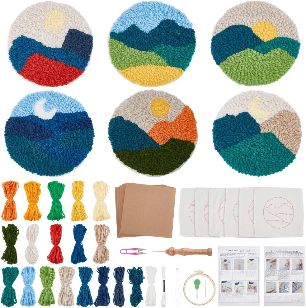 FREEBLOSS 6 Set Landscape Punch Needle Coaster Kit Craft Punch Needle Coaster Kit Punch Needle Rug Kit with Instructions, Punch Needle Fabric, Yarn, Hand Embroidery Kit for Beginners
