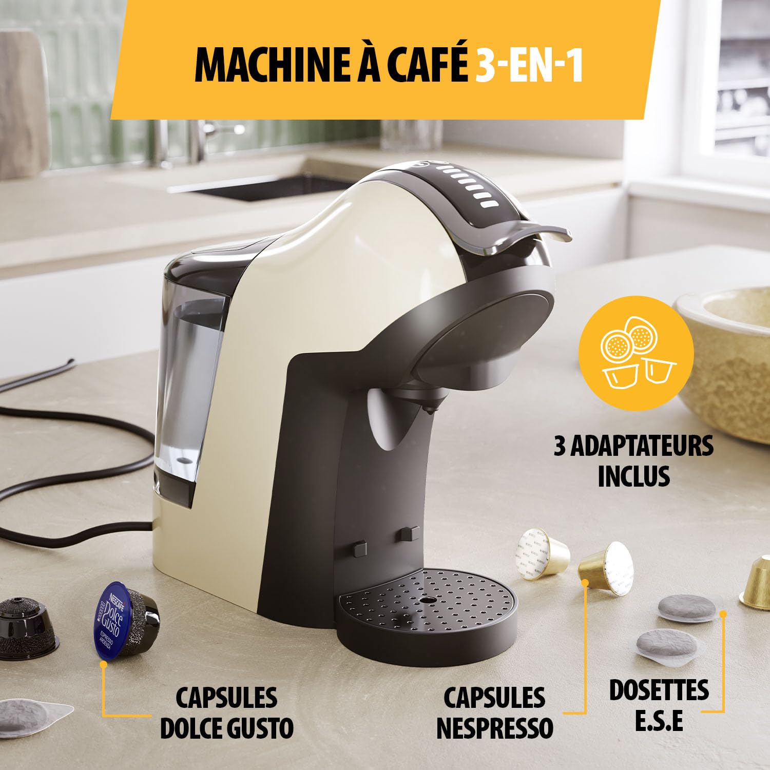 Tristar Machine à café Multi-Capsules 3-en-1 – Compatible avec Capsules Nespresso®, Dolce Gusto®, Dosettes ESE – 19 bars – Sans BPA – CM-2301