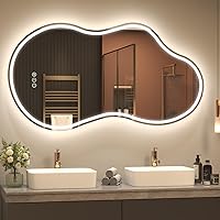 Vista 15 de SMIROR Espejo de Baño Retroiluminado Irregular con Luces 20 x 32, Espejo de Tocador con Luz LED Asimétrica en Forma de Nube para Pared