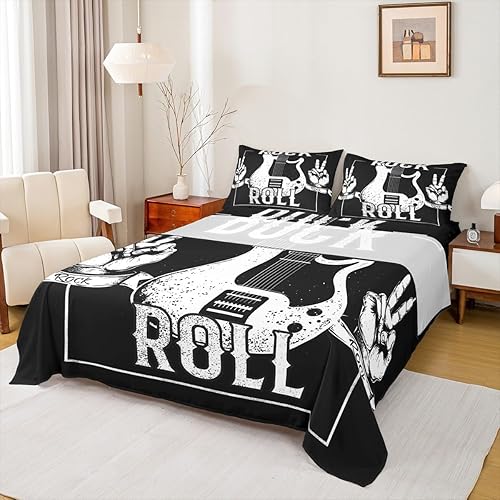 Miniatura 22 de Erosebridal Juego de sábanas con temática musical de música rock, tamaño Queen, juego de sábanas con estampado de notas musicales, juego de sábanas