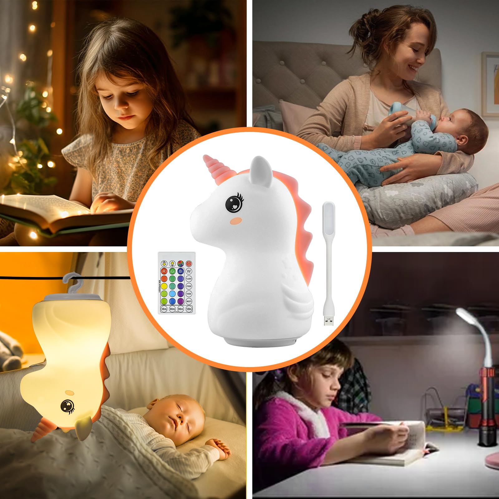 Madrigal Lampada Unicorno Morbida: Luce Notturna Per Bambini Ricaricabile USB-C Con Telecomando, 16 Colori E Timer, Silicone Atossico