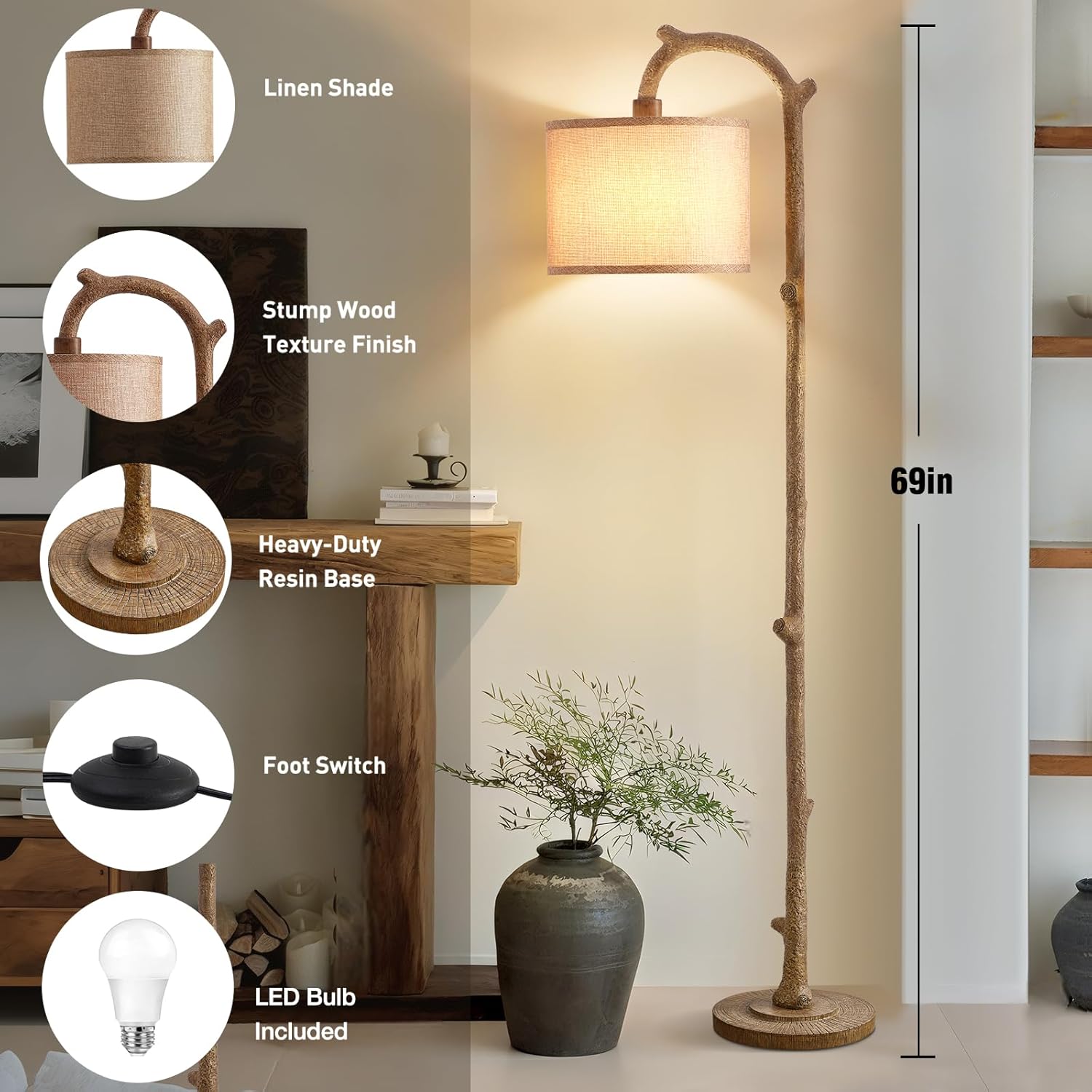 Floor Lamp for Bedroom - 69" Rustic Farmhouse Tall Lamp with Adjustable Color Temperatures - Country Resin Vintage Reading Light Standing Lamps for Living Room Office Classroom, Bulbs, Brown