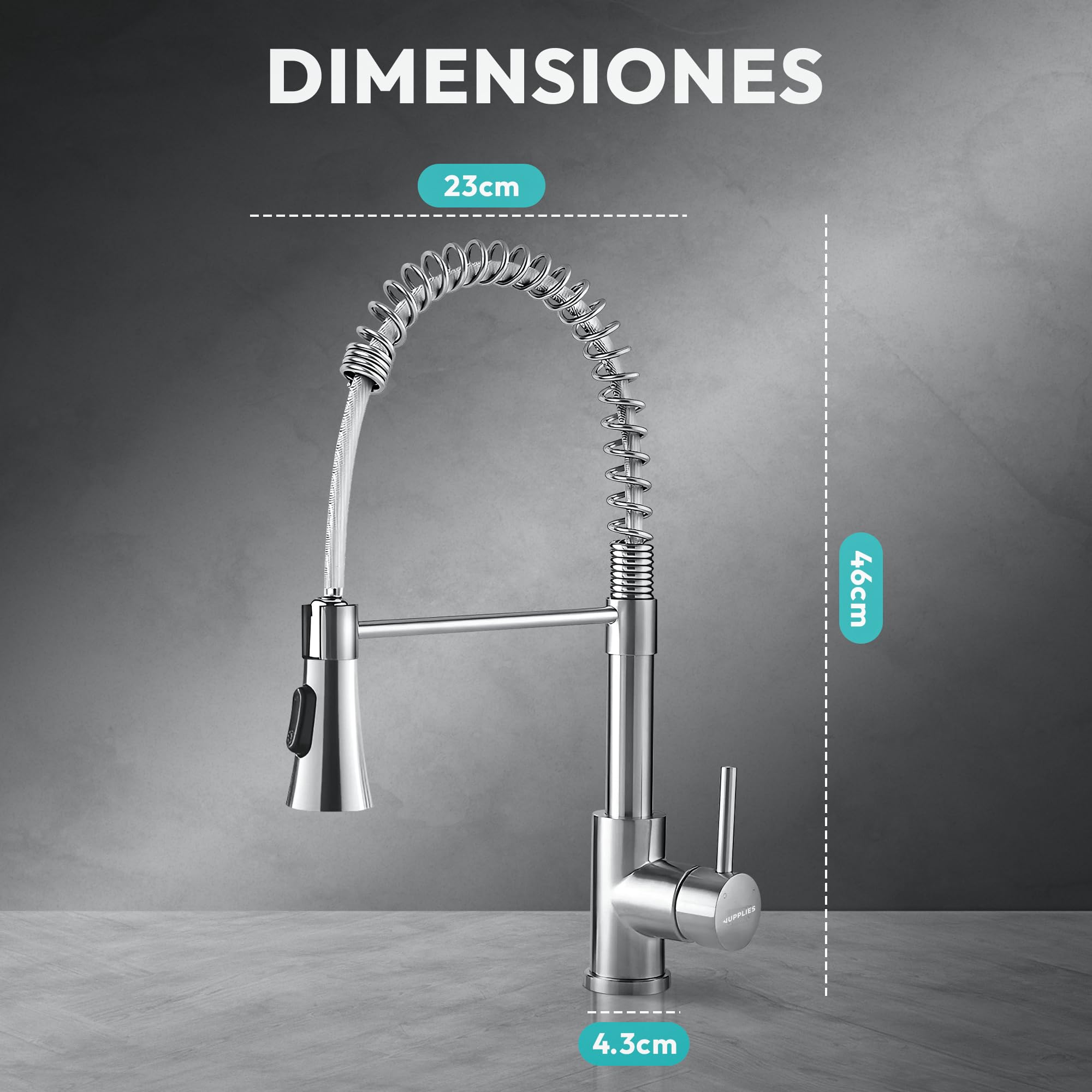 JUPPLIES Grifo Cocina Extraible Profesional – Acero Inoxidable, 360°, Diseño con Resorte, 2 Modos de Agua, Grifo Fregadero Cocina Extraíble, Fácil Instalación, Grifos Cocina Modernos