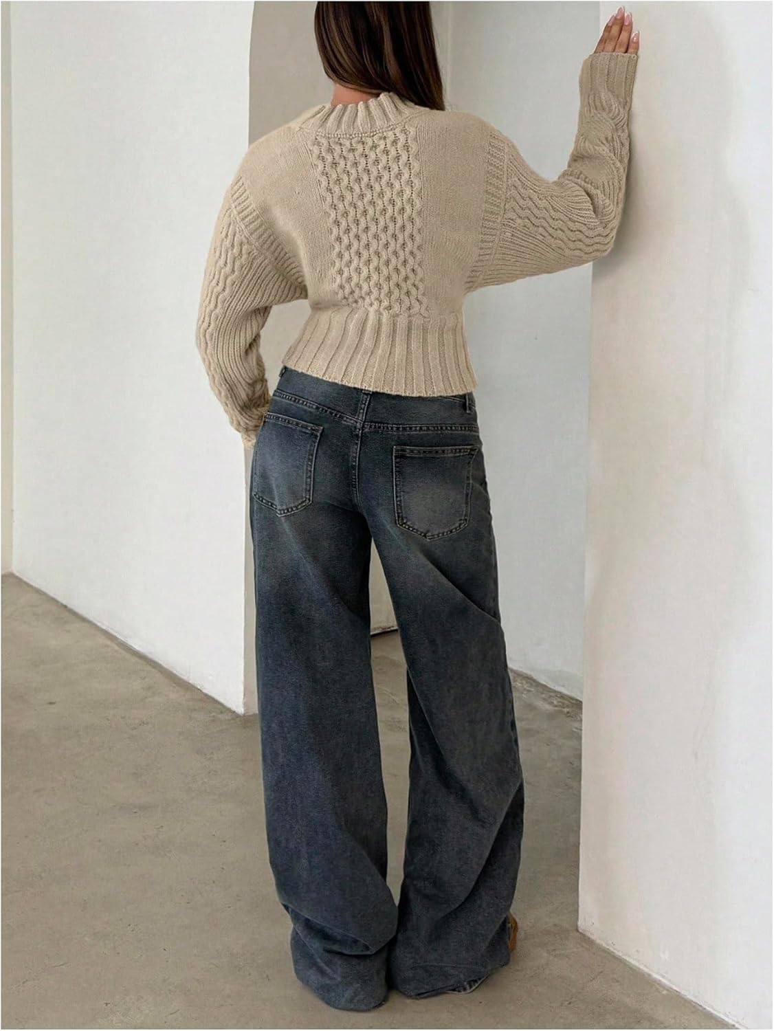 MakeMeChic Women's V Neck Cable Knit Sweater Long Sleeve Going Out Pullover Crop Tops - Image 3