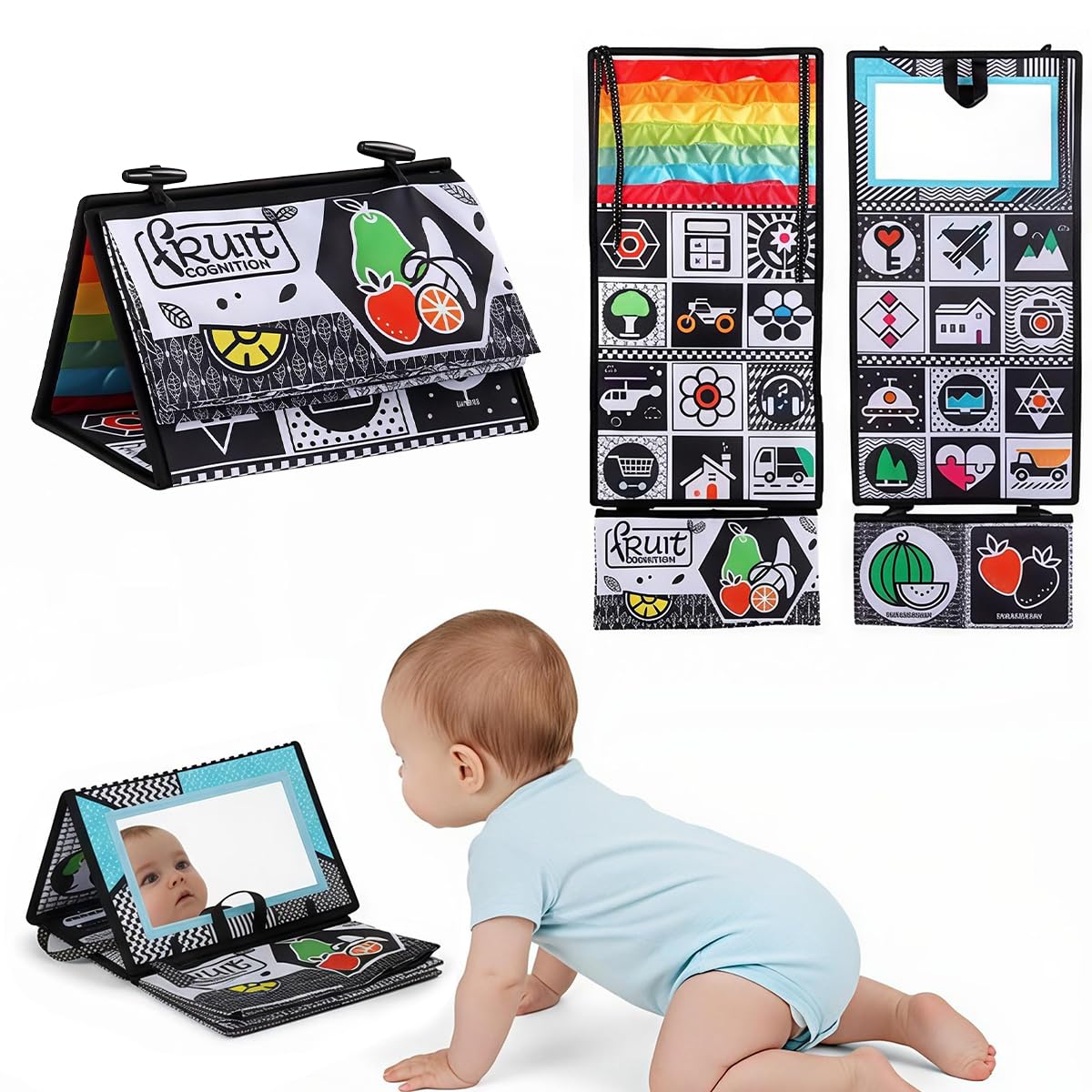 SNOWIE SOFT® Baby Fabric Cloth Book Toy, Multi Page Black and White Crinkle Textured Cloth Book with Mirror, Silicone Teething Toy, Rich Cartoon Pattern Designs, Tummy Time Toys Travel Toys-image-46
