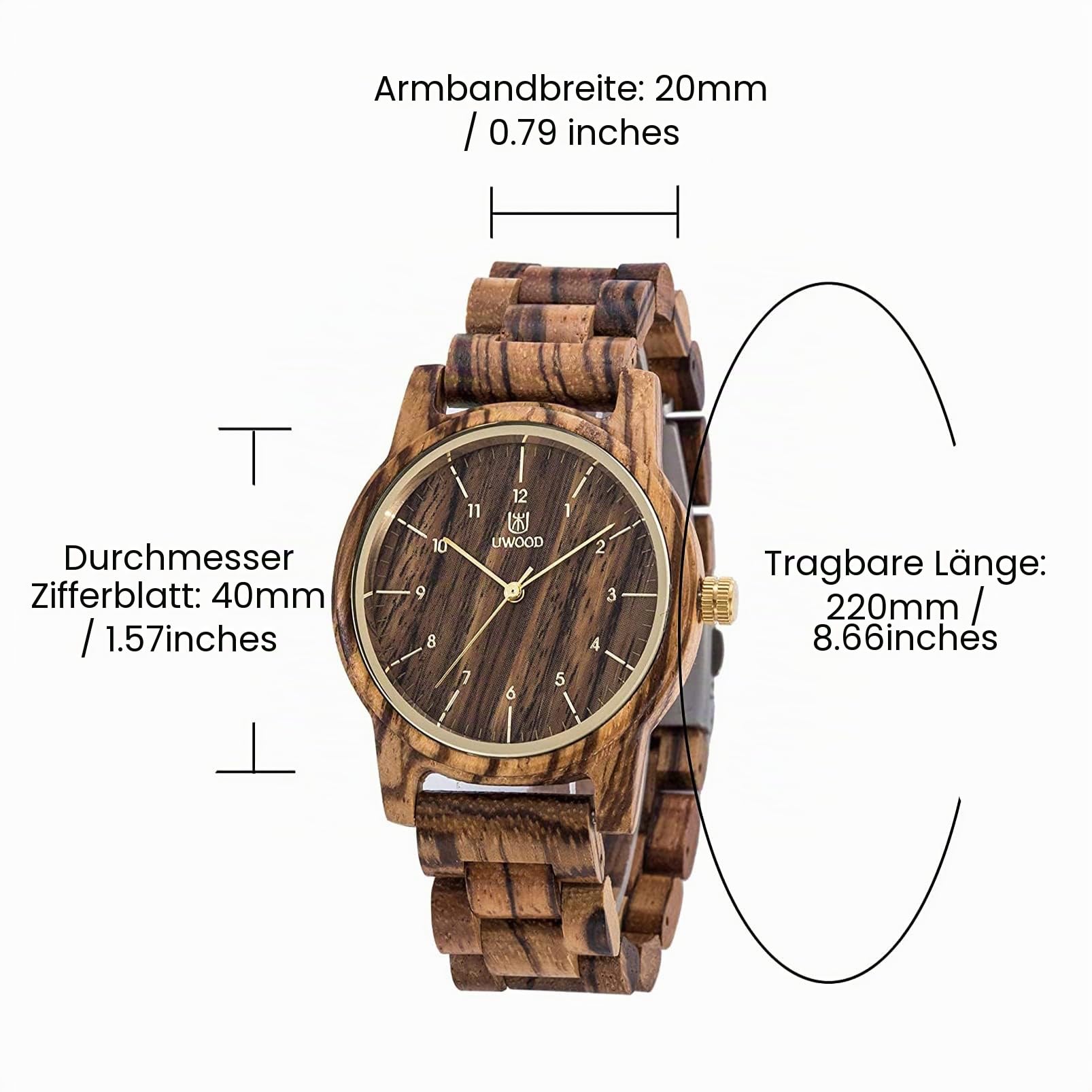 Holzuhren Uwood Serie 40mm Unisex Natürliche Handarbeit Holz Uhr mit Geschenkbox & Band verstellbar