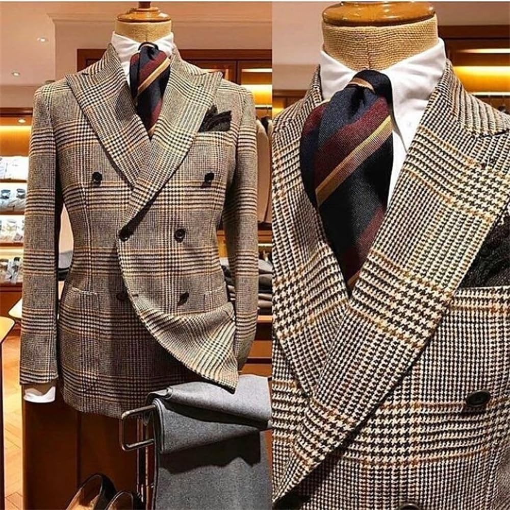 Uomo Giacca da Abito Pied-de-Poule Blazer Doppio Petto Matrimonio Formale Natale Tuxedos Cappotto