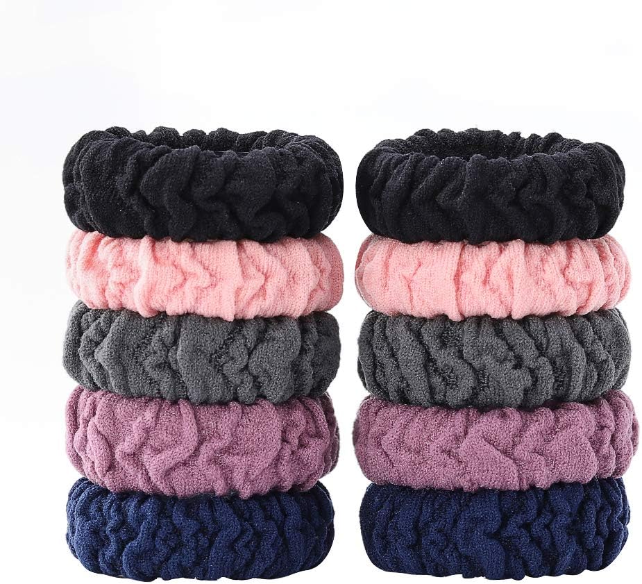 Thick Hair Ties Cotton Hair Bands Ponytail Holders No Crease Hair Rope for Women Ladies, Red, Pink, Black, Blue, Grey (10 Pack)