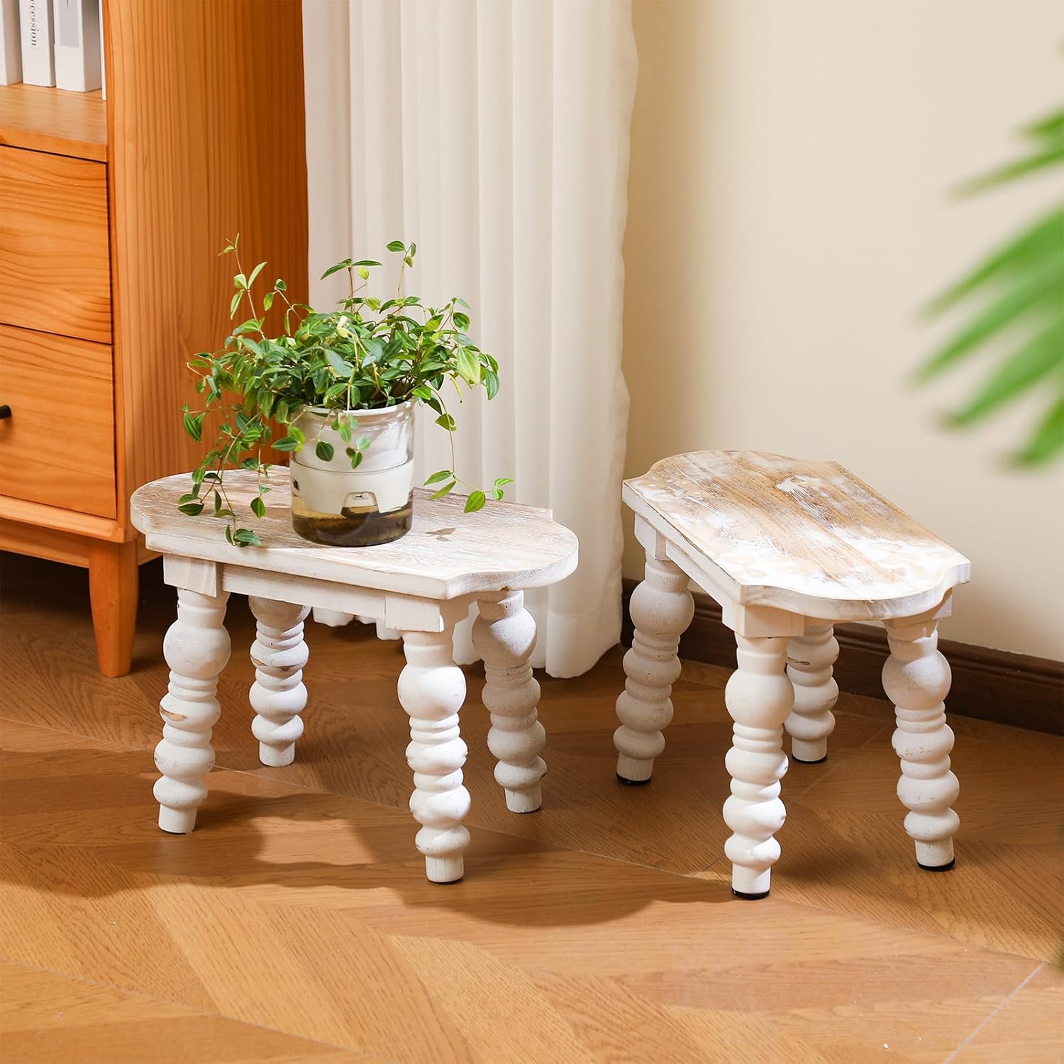 2 Pack Wooden Bathroom Foot Stool Vintage Farmhouse Style Decorative Wooden Stool Stand Small Plant Stools for Adults Kitchen Bedroom Nightstand or Living Room Accent Table