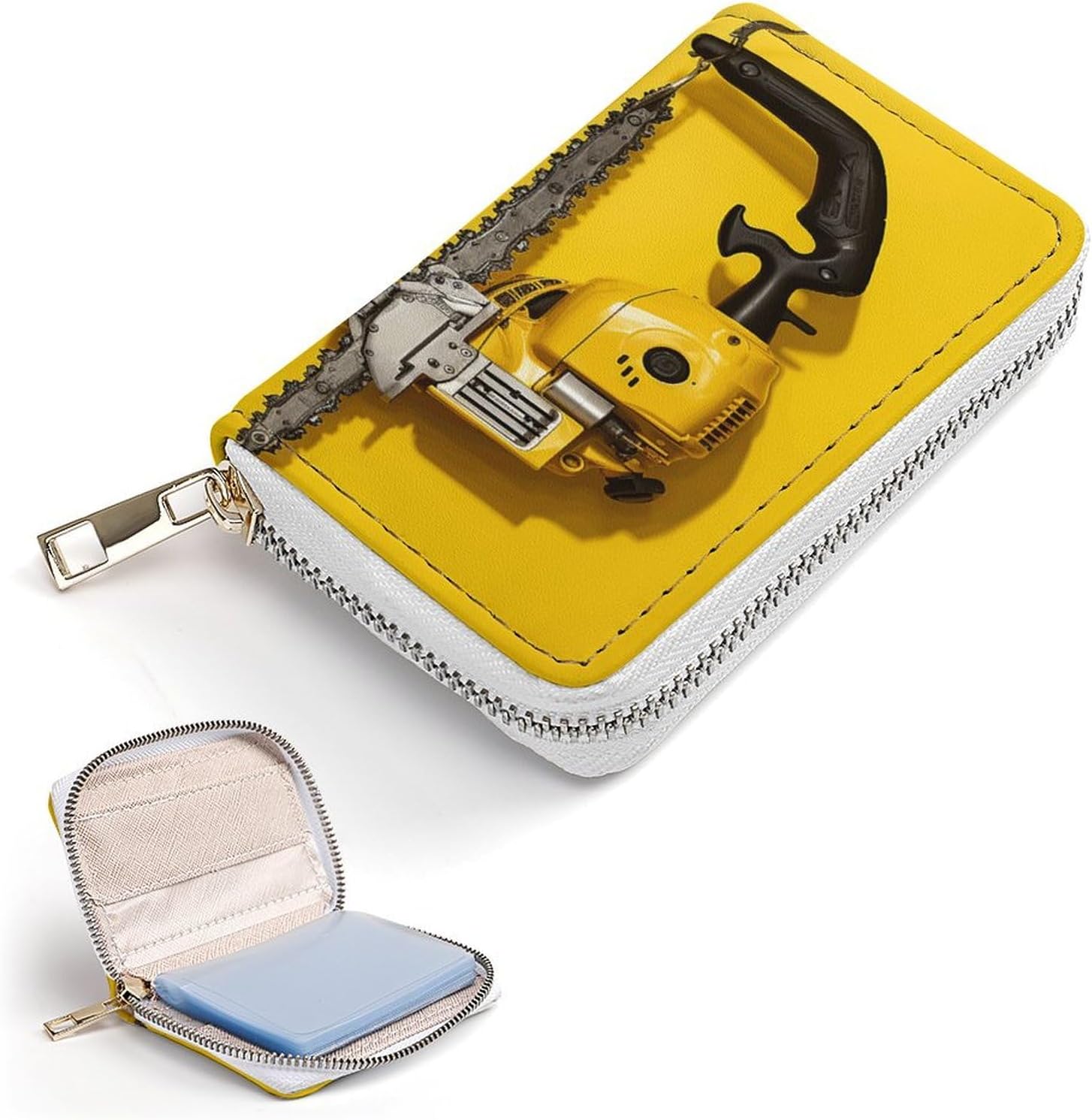 Leather Card Organizer Case Card Wallet Credit Card Holder Yellow Two Chainsaws Printed Zipper Card Cases Holder for Women Men