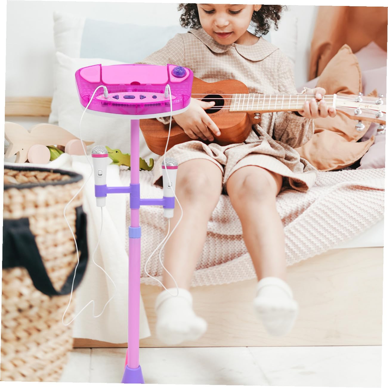 Microfoni Karaoke Giocattolo Rosa con Supporto Doppio Microfono Interattivo per Canto e Gioco Musicale Educativo