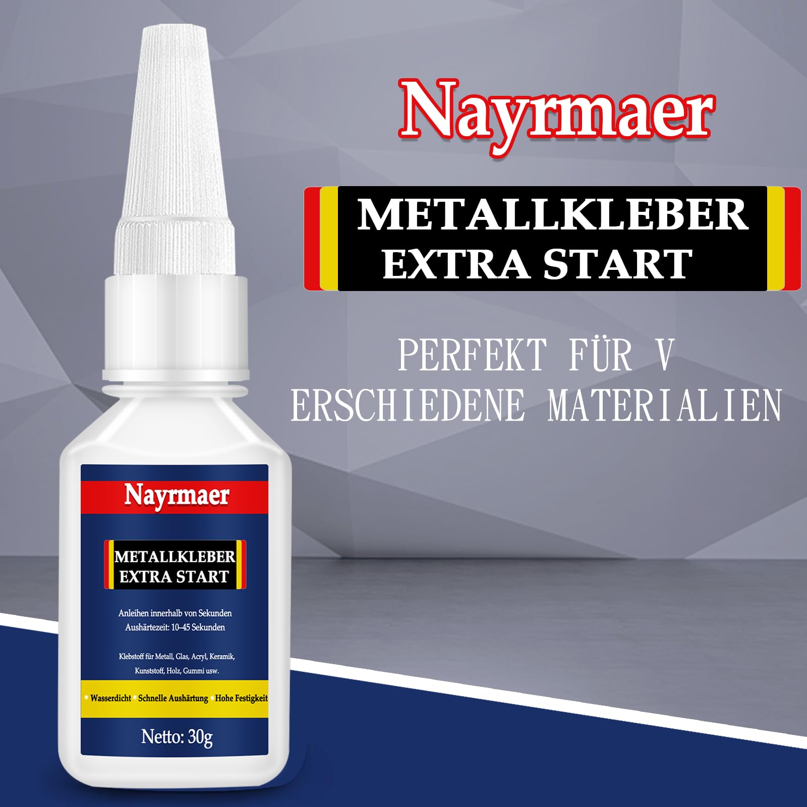 Nayrmaer Metallkleber 30g, Metall Kleber Wasserfest mit Anti-Trocknungsspitze, Sekundenkleber Extra Stark für Metall, Stahl, Zink, Aluminium und mehr Baumarkt