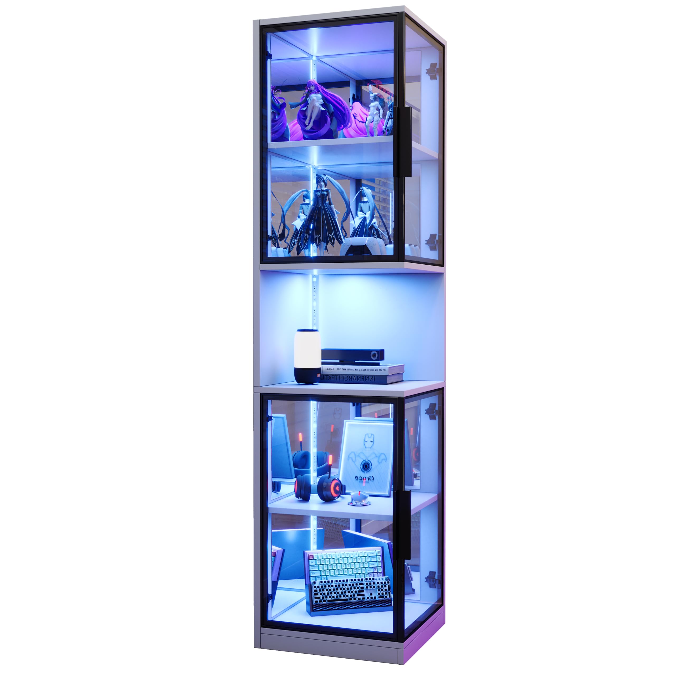 LED-Glasvitrine, 205 cm hoch, mit Glastüren und Spiegelrückwand