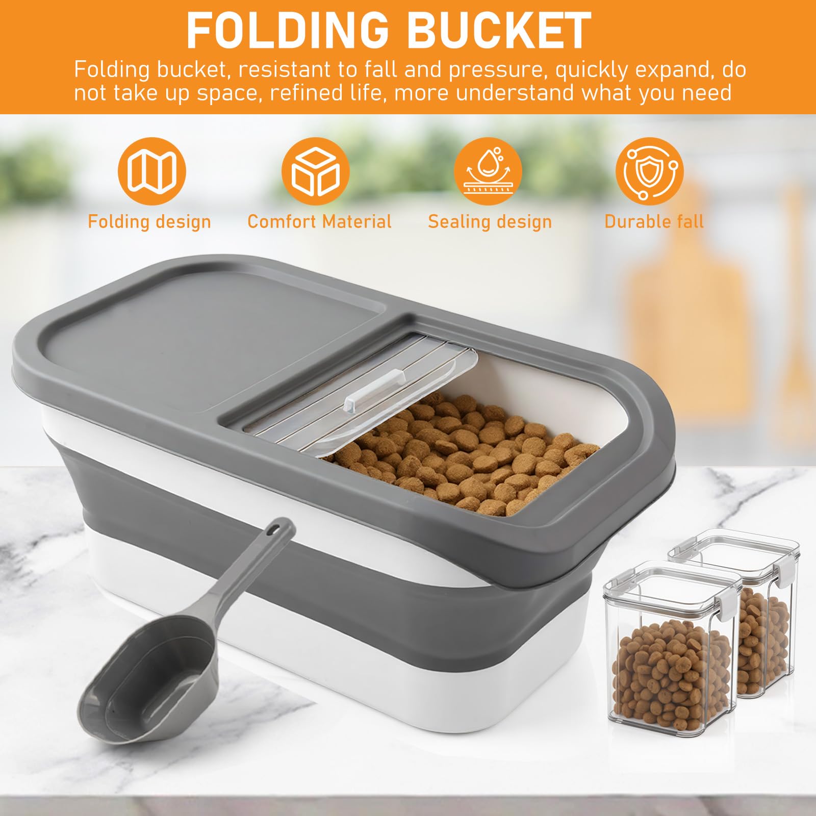 Hundefutter Aufbewahrung,7kg Faltbarer Futterbehälter für Haustiere mit Deckel,2 Vorratsbehälter,1 Messbecher,1 Löffel,Dog Food Container,Futterbox Hund Hundefutterbox für Haustiere Katzen (grau)