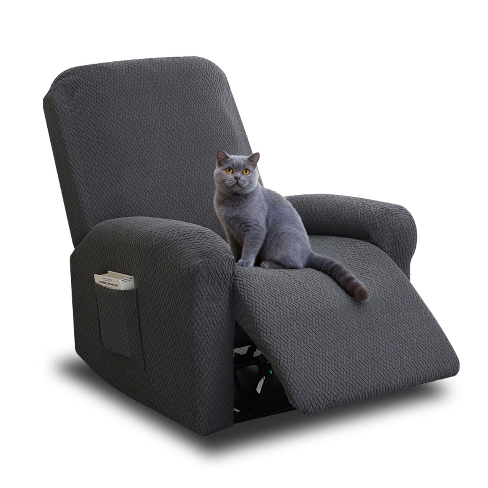 GANILITY Jacquard Recliner Chair Cover, 4 Piece Recliner Sofa Cover, All Inclusive Stretch Armchair Covers, Split Set Sofa Covers with Pockets, for TV Armchairs and Reclining Armchairs (Dark Grey)