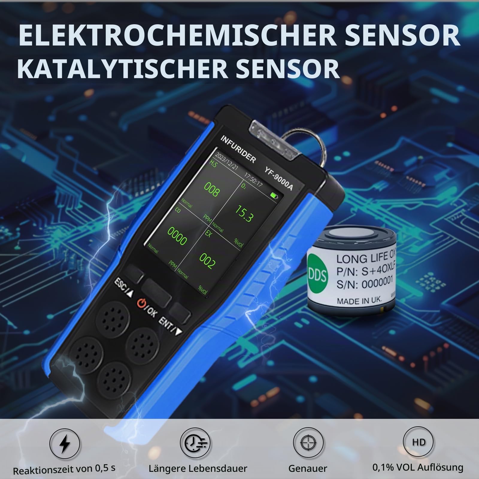 Gasmelder, H2S, CO, O2, LEL Messgerät, 4 in 1 Gas Monitor, Gas lecksuchspray mit LCD-Echtzeitanzeige, Gaslecksuchgerät Brennbarer Gase