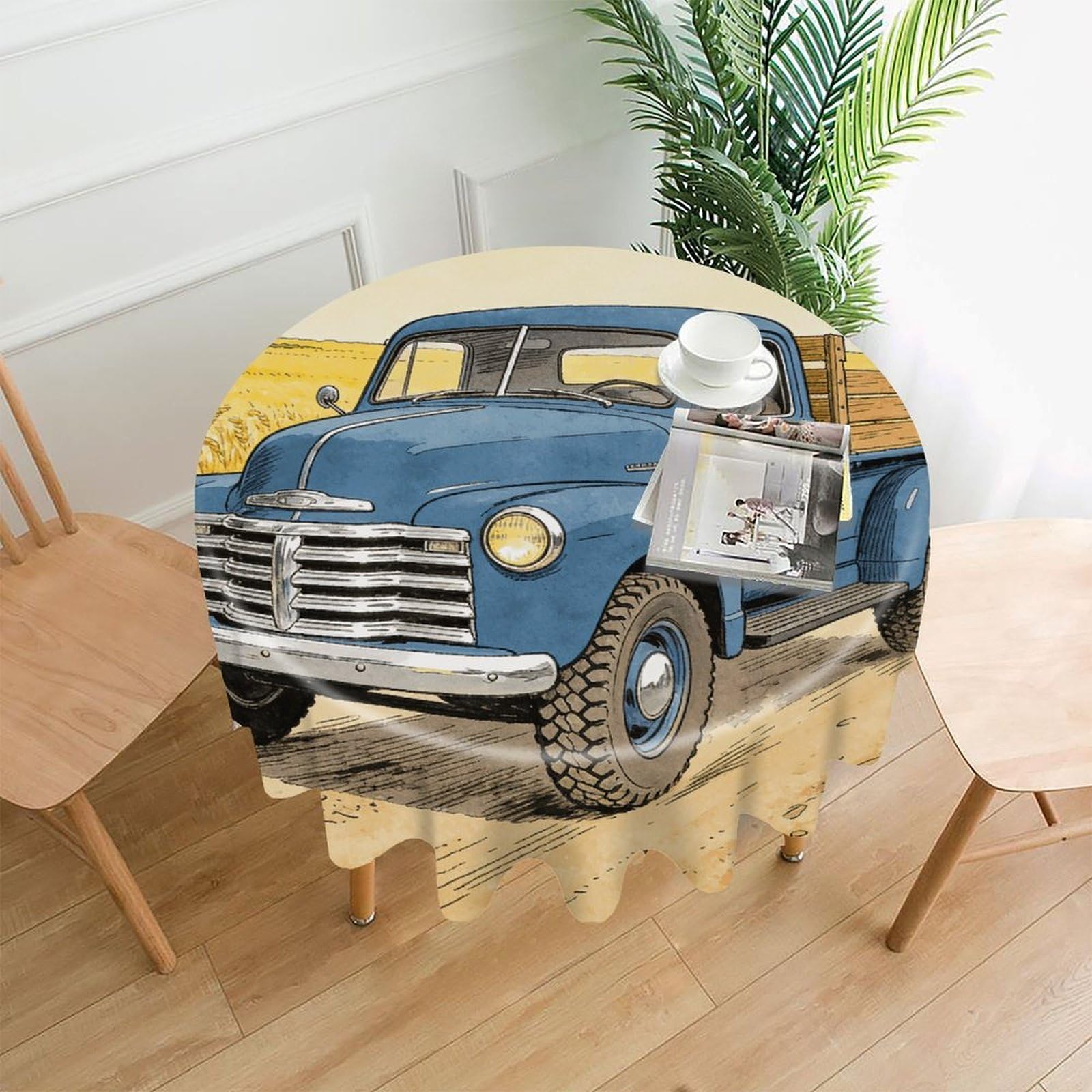 LDGSUPH Truck Round Tablecloth Cover Washable Luxurious Fabric Table Cover Decor Wrinkle Free Fashion Round Table Cloth for Home Dining Kitchen Party 60 in